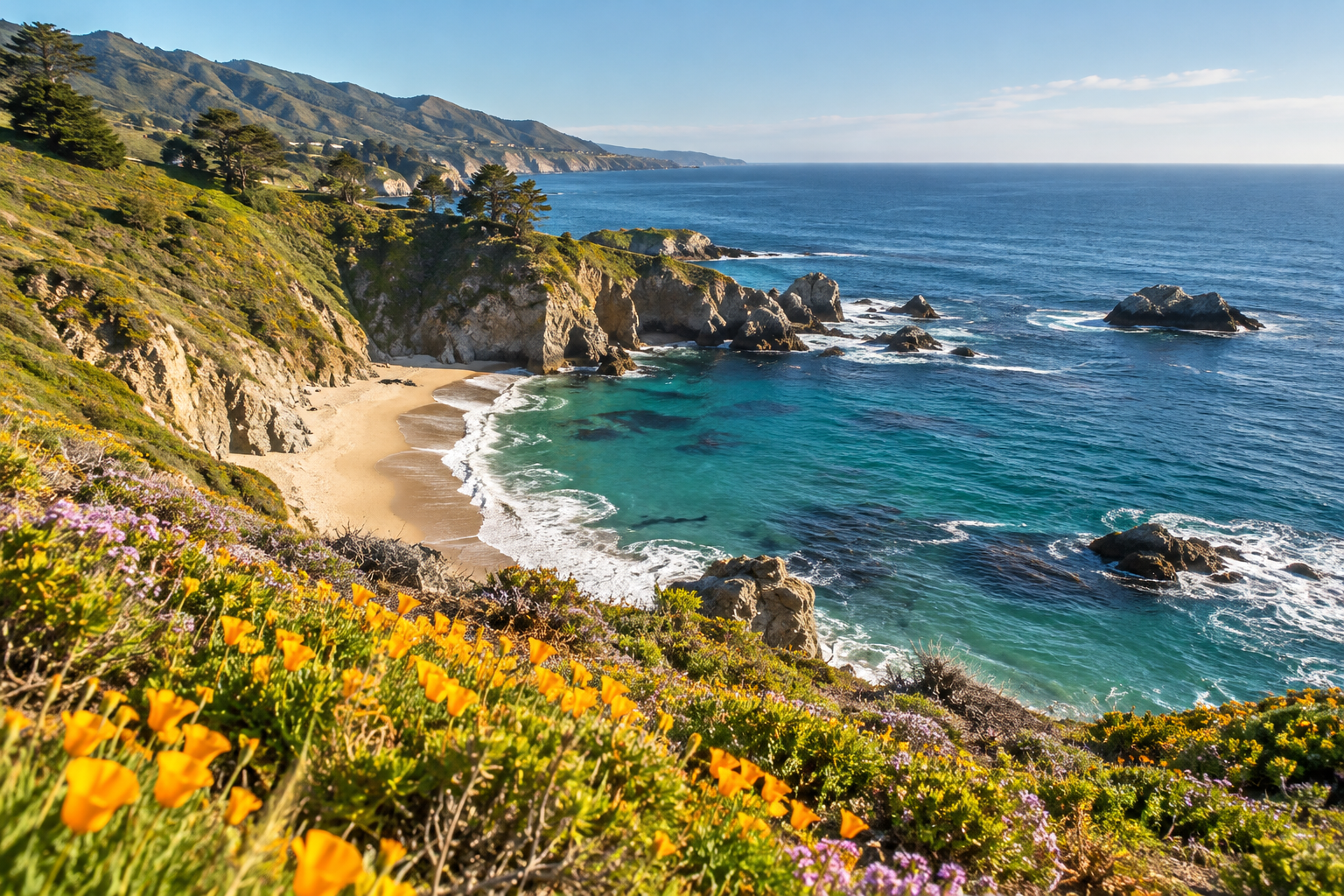 Sunlit Southern California coastline and ocean